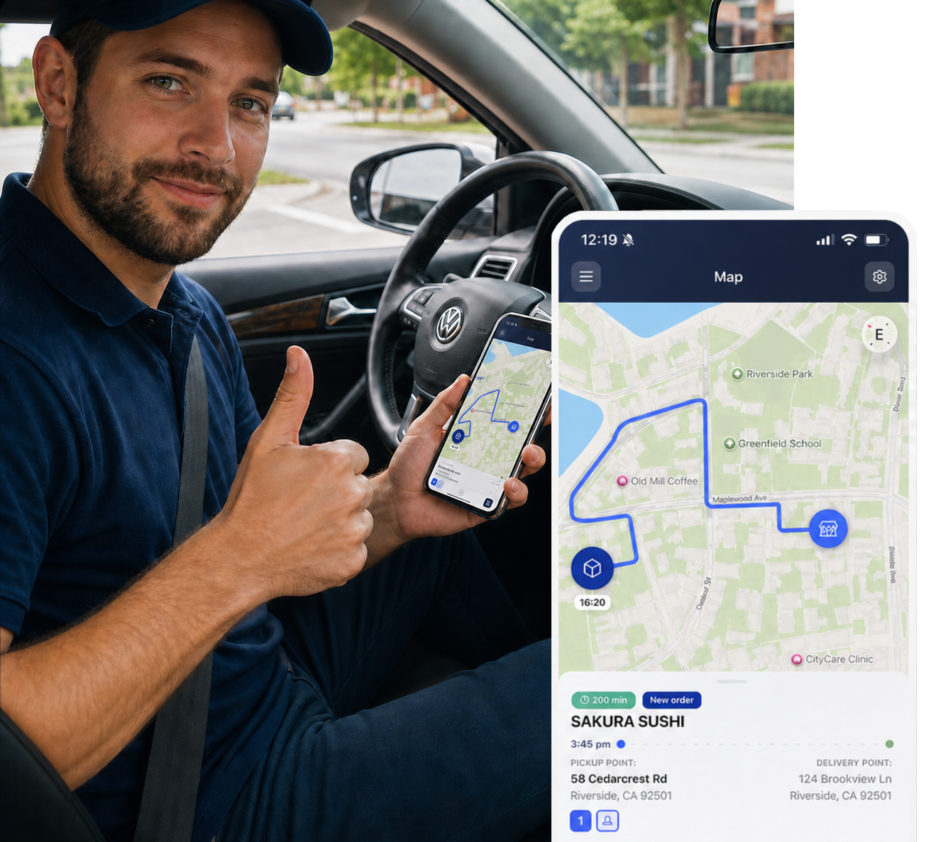 Driver in car viewing automated route map